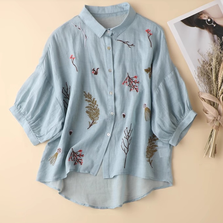 レディース トップス シャツ ブラウス 前開き 7分袖 パフスリーブ 襟付き ワイド フェミニン ボタン 薄手 かわいい 大人可愛い きれいめ シンプル カジュアル 上品 おしゃれ レトロ こなれ感