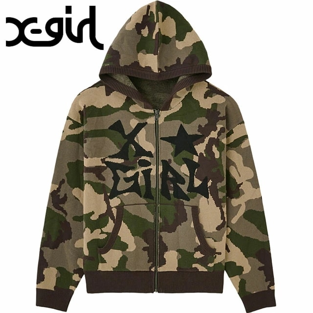 ジャガードニット ジップアップフーディー [105253015007] レディース xgirl トップス フルジップ ニットパーカー CAMO 正規取扱店