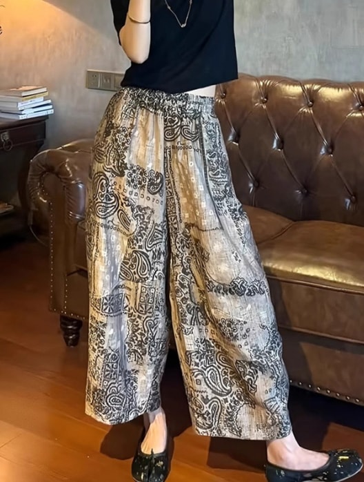 夏の女性用レトロプリント日焼け防止ワイドレッグパンツ薄手ゆったりスリム大きいサイズカジュアルな8ポイントストレートレッグブルマー304