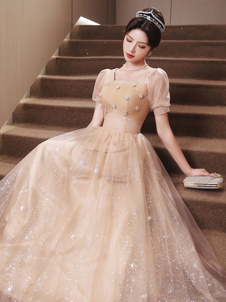 女性用イブニングドレスシャンパンカラー気質小さなドレス大人誕生日ホスト