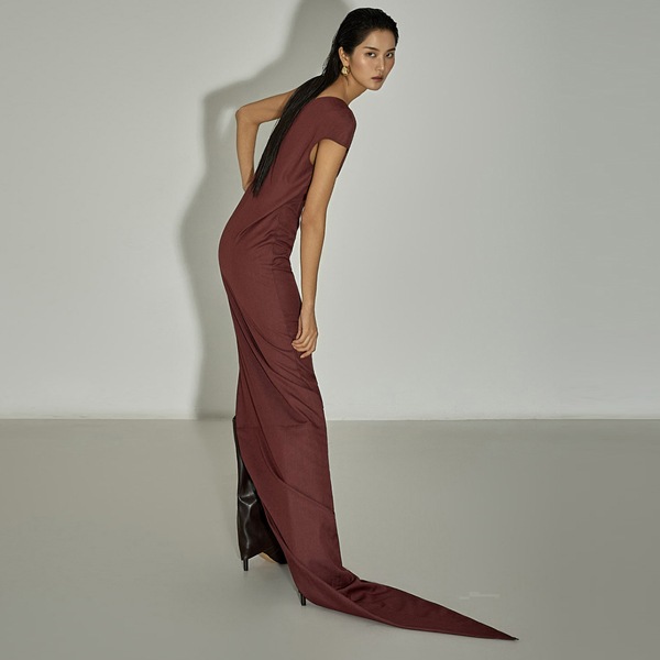 D5363 ワンショルダー シャーリング ワンピース