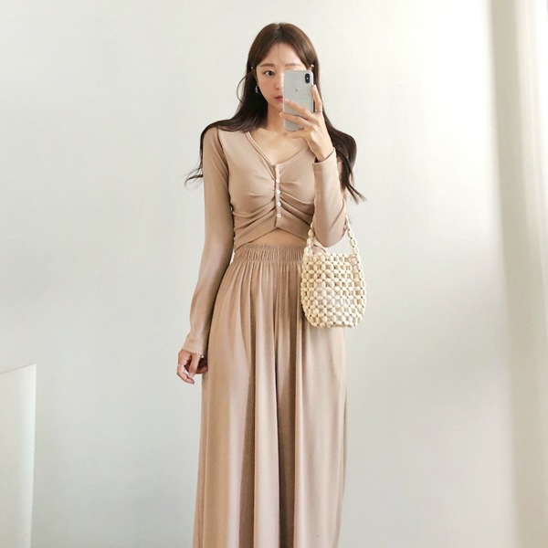 韓国ファッション シャーリング クロップトップ ワイドパンツ ツーピースセット