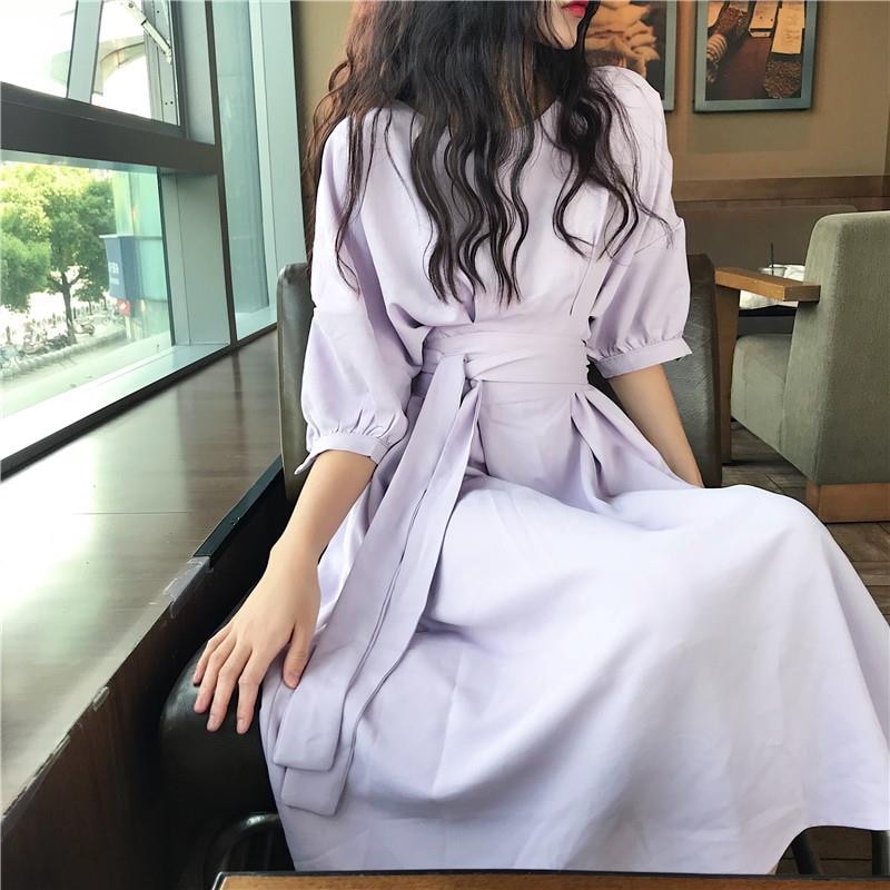 ワンピース レディース ロングワンピース S M L XL 韓国 ロング丈 半袖 ラウンドネック ハイウエスト Aライン ウエストマーク ウエストリボン かわいい 大人可愛い シンプル カジュアル