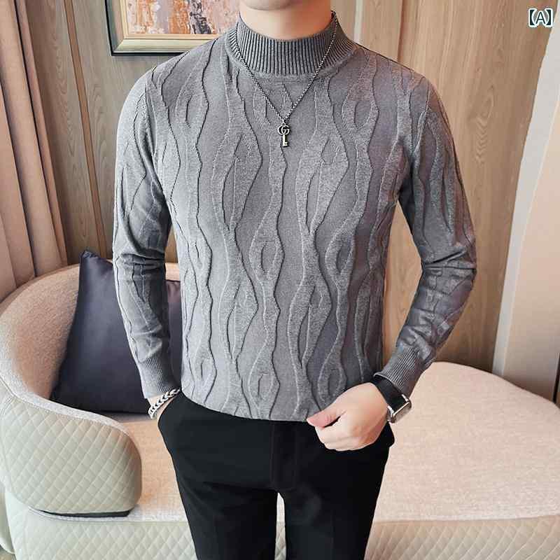 トップス シャツ メンズ 秋冬 ジャカードセーター ハイエンド ハーフ タートルネックセーター 韓国 ミッド カラー