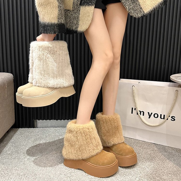 冬の女性用スノーブーツ新スタイルショート厚底ファーパンツブーツプラスベルベット暖かい綿靴300002318