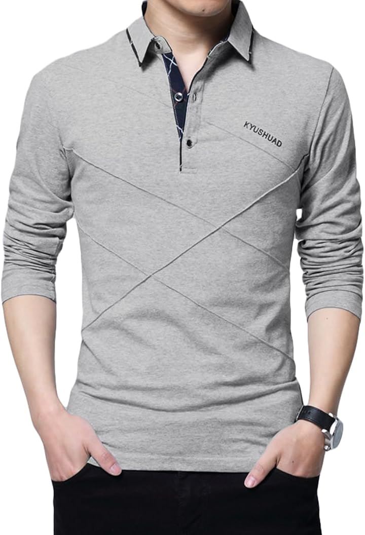 ゴルフウェア メンズ ポロシャツ 長袖ポロシャツ ゴルフシャツ ビジネス コットン(グレー, 2XL)