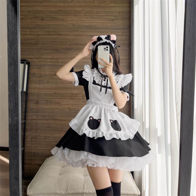 メイド服 ロリィタ ロリータ ワンピース コスチューム 飾り付き くま エプロン 髪飾り 文化祭 学園祭 メイドカフェ Lolita コスプレ衣装 アニメ 可愛い ブラック ピンク オーバーサイズ