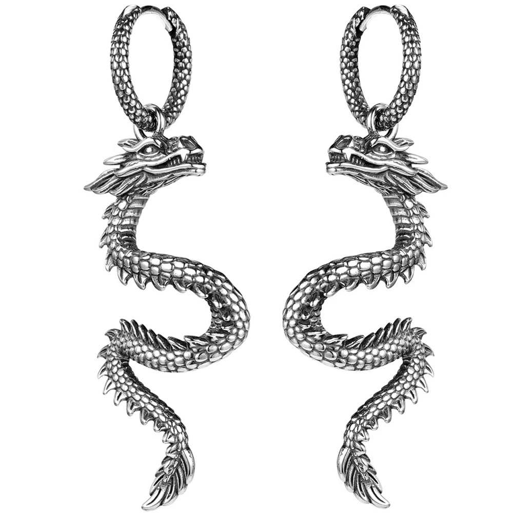 ビッグドラゴンステンレスフープピアス 1ペア販売 両耳 チャーム 龍 竜 全身 リアル 揺れる 取り外し可能 リング 2way 男性 女性 プレゼント 18G 耳 ロブ se898xxxxxxxx