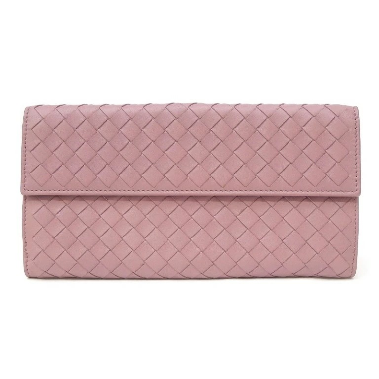 ボッテガ・ヴェネタ BOTTEGA VENETA 二つ折り長財布 イントレチャート ピンク レザー 【中古】(68643)