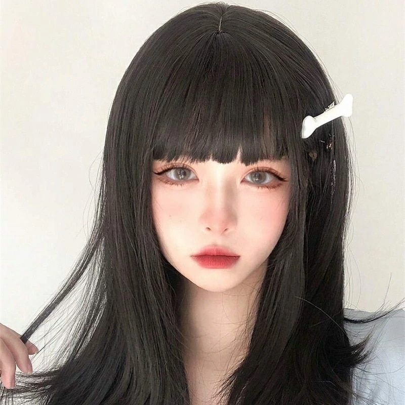 耐熱合成ウィッグ黒褐色ロング ストレート バング付き全長24 インチ繊維製日常使用に適した自然なシミュレーションウィッグ