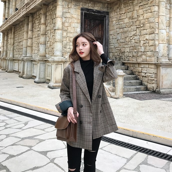 チェック柄ジャケット ブラウン トップス ジャケット スリム 細身 ストレート スマート かわいい