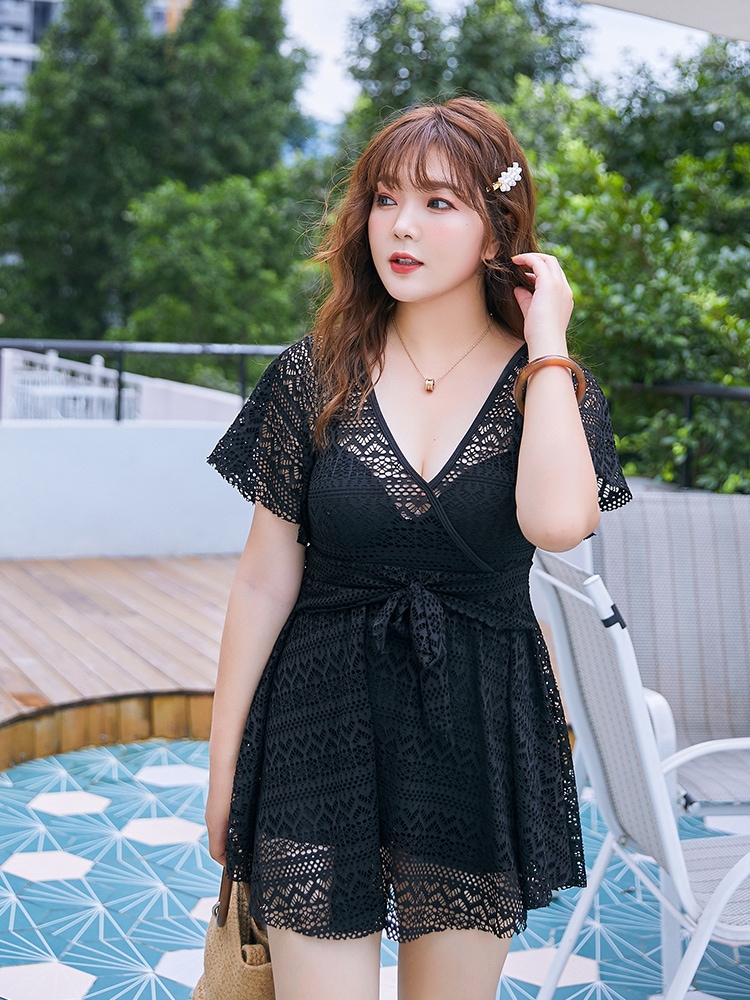 水着 ワンピース水着 体系カバー水着 ワンピース パッド付き 半袖 レース かわいい 大人可愛い