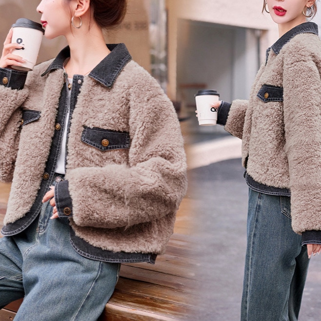ラペルデニムスプライシングファーコートレディースデザインルーズショートトップ気質婦人服