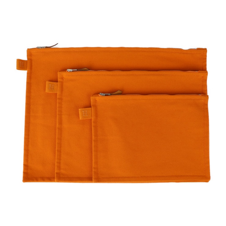 超美品 HERMES エルメス ポーチ - ボラボラ フラットポーチ オレンジ シルバー金具 クラッチバッグ ポーチ 3点セット GM MM PM 本物保証 中古
