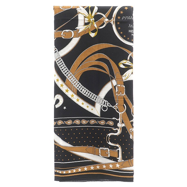 エルメス ストール カレ140 カレジェアン カシミヤ シルク ブラック×ノアゼット×ゴールド 【LA PROMENADE DU MATIN/朝の散歩】 【中古】