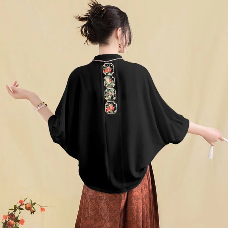 【快速出荷】チャイナ風 トップス 普段着 改良漢服 刺繍 ドルマンスリーブ シャツ ブラウス ホワイト ブラック 文化祭 撮影服 演出服 通勤