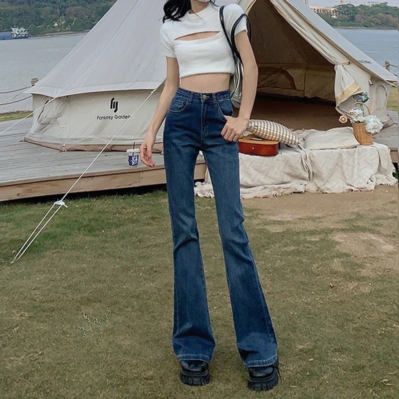 レトロレディースマイクロフレアジーンズ女性ハイウエストスリムl春新しい香港味薄いドラッグパンツ