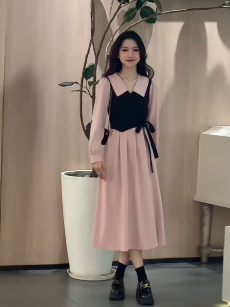 ピンクの偽のツーピースシャツ長袖ワンピース子供2023新しい初秋のシニアの感覚フランスの優しいロングドレス