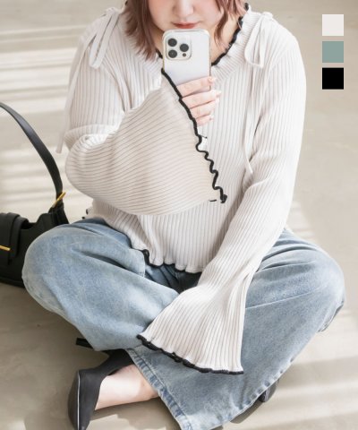 大きいサイズ レディース LL 3L 4L XL XXL XXXL CLETTEオリジナル配色使いリボン付きリブニット