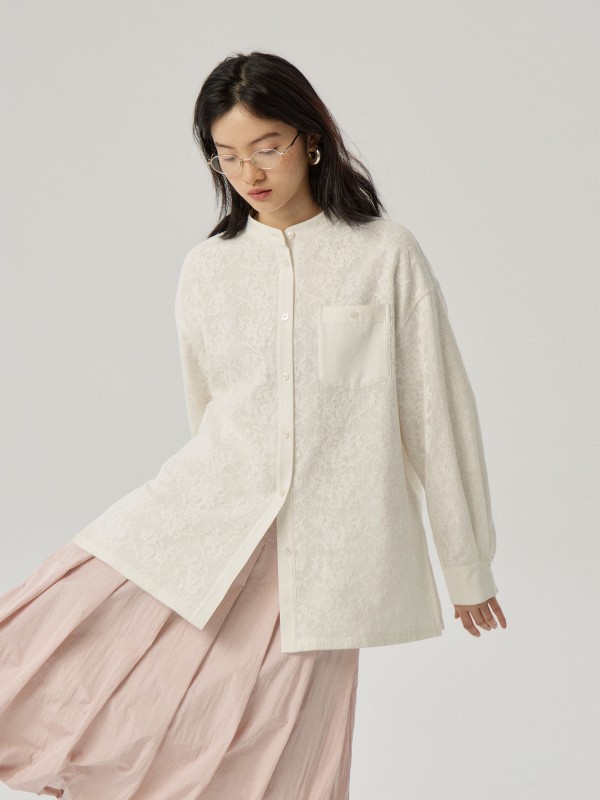 オモントエッグタルトフェイクツーピースホワイトレースシャツ春新作ニッチスタンドカラールーズロングスリーブシャツ