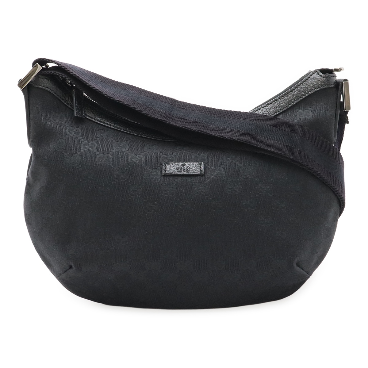 GGキャンバス ショルダーバッグ 斜め掛け マチなし レザー ブラック 黒 シルバー金具 18109