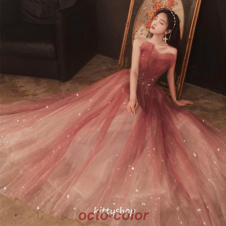 【NEWカラー追加】イブニングドレス ワイン赤 ゲストドレス 結婚式ドレス 二次会ドレス ワインレッド グラデーション ロングドレス スパンコール キラキラ キレイめ ビスチェ