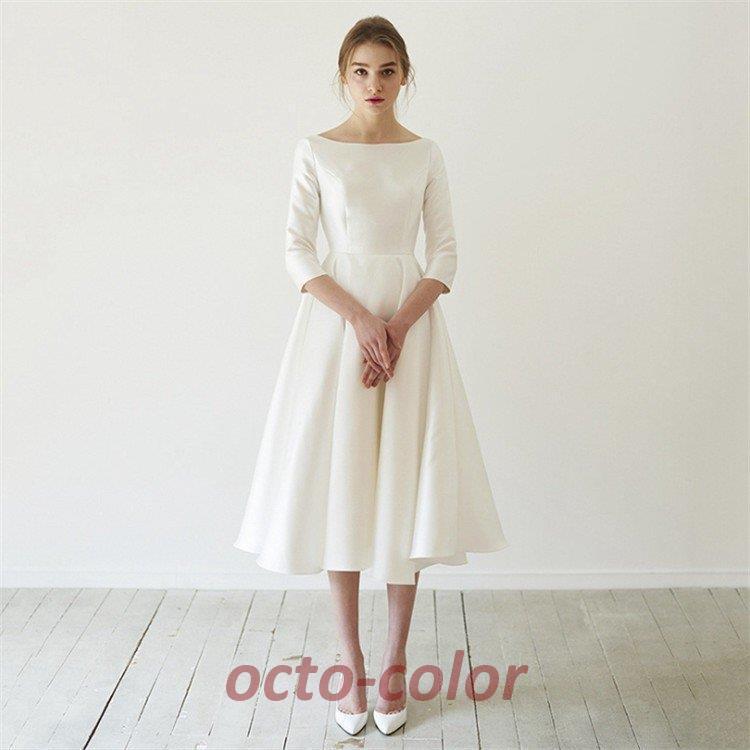 パーティードレス 袖あり 結婚式 ワンピース ドレス サテン aライン ミディアム丈 ミモレ丈 フォーマル 白 フレア 大きいサイズ コーデ お呼ばれ 二次会 発表会