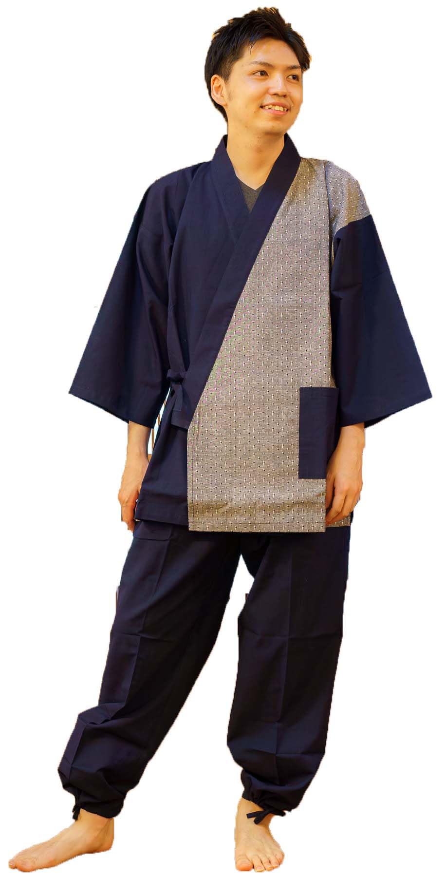 [遊楽庵] 作務衣 日本製 メンズ 久留米織りのおしゃれな切り替え柄 さむえ 上下組 父の日 春 秋 部屋着 (L, A 紺切り替え)
