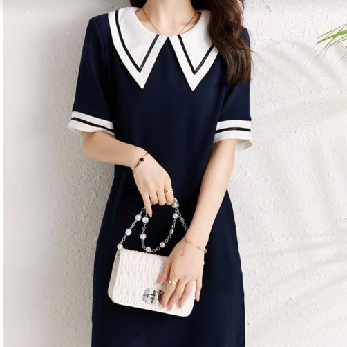 ワンピース 紺 白 バイカラー 襟付き ツートン ネイビー 韓国 レディース 個性的 きれいめ おしゃれ お洒落 上品 きちんと エレガント フェミニン 秋 春 夏 入学式 入園式 卒業式