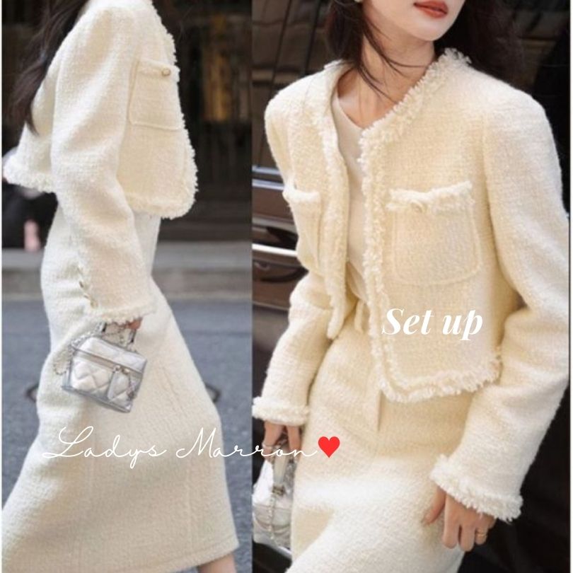 【即納】ツイード セットアップ 韓国 ジャケット スカート 成人式 同窓会 服 服装 二次会 冬 白 かわいい 七五三 入学式スーツ 入園式スーツ セレモニースーツ セレモニーセットアップ 上下セット