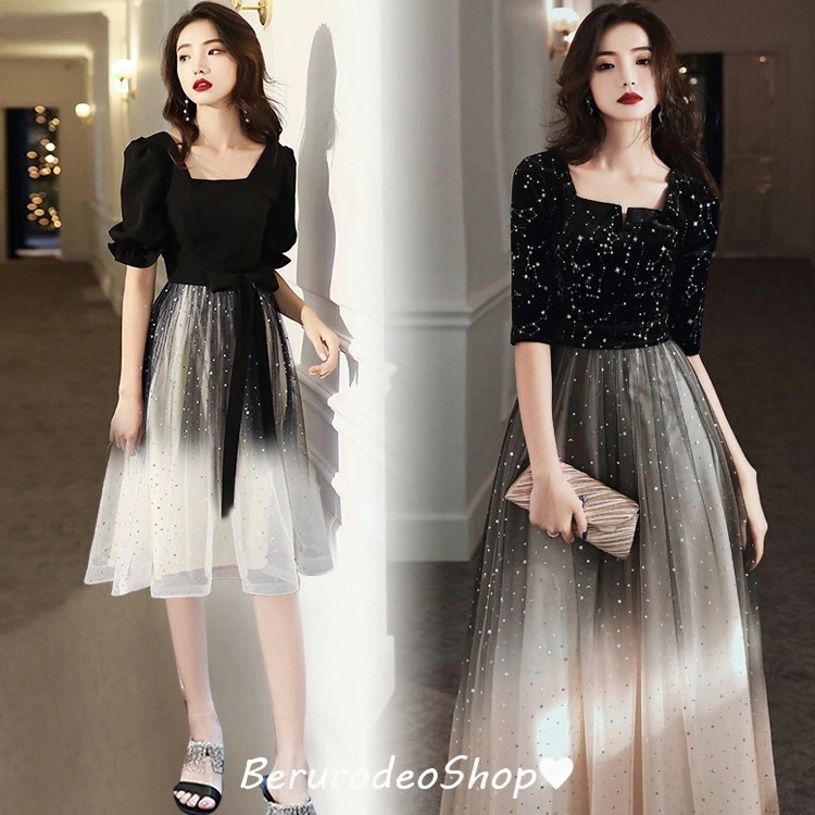 イブニングドレス 黒 ベロア ベルベット チュール ロングドレス グラデーション オシャレ 発表会ドレス ブラック 成人式ドレス パフスリーブ ショート丈 Aライン パーティードレス 結婚式 二次会ド