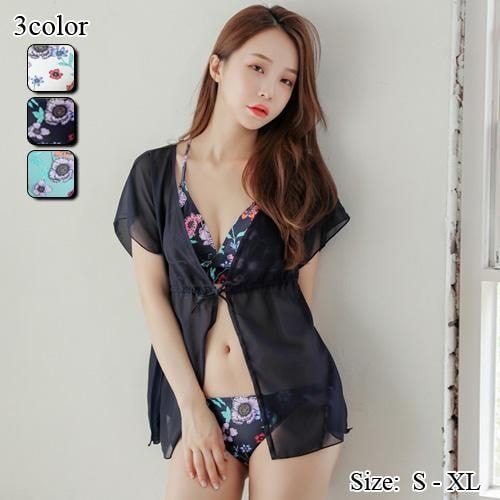 【グラシア】 水着 ビキニ レディース ビーチウェア スイムウェア 流行 海 プール クロス 花柄 鮮やか ビキニ カーディガン 透け感 ホワイト ネイビー グリーン S M L ビキニ