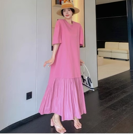 フェイクツーピース ワンピース Tシャツ ビッグT ロングスカート ロングワンピース ロング ロング丈 袖あり 半袖 Uネック ラウンドネック Aライン シンプル カジュアル 大人 おしゃれ お洒落 5,443円