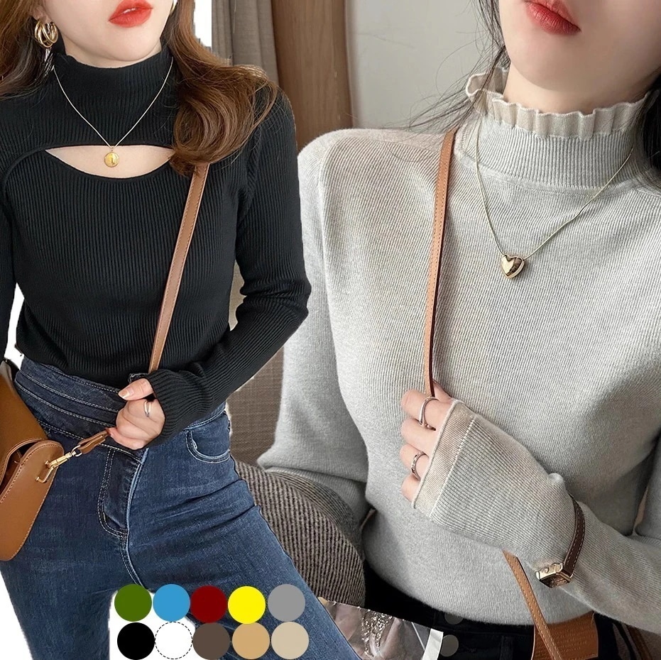 4タイプ選べデザインニット トップスレディースファッションハーフタートルネックベースの長袖ニセーター 春秋冬 ニット