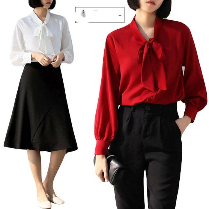 春 とろみシャツ 無地 長袖 オフィス おしゃれ オシャレ レディース ブラウス リボン カジュアル トップス 夏 秋 春