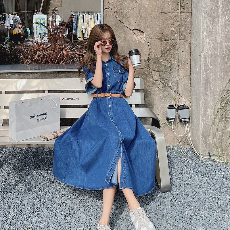 デニムドレスサマー021ニュースタイルレトロウエスト薄手の気質ロングAラインシャツスカート