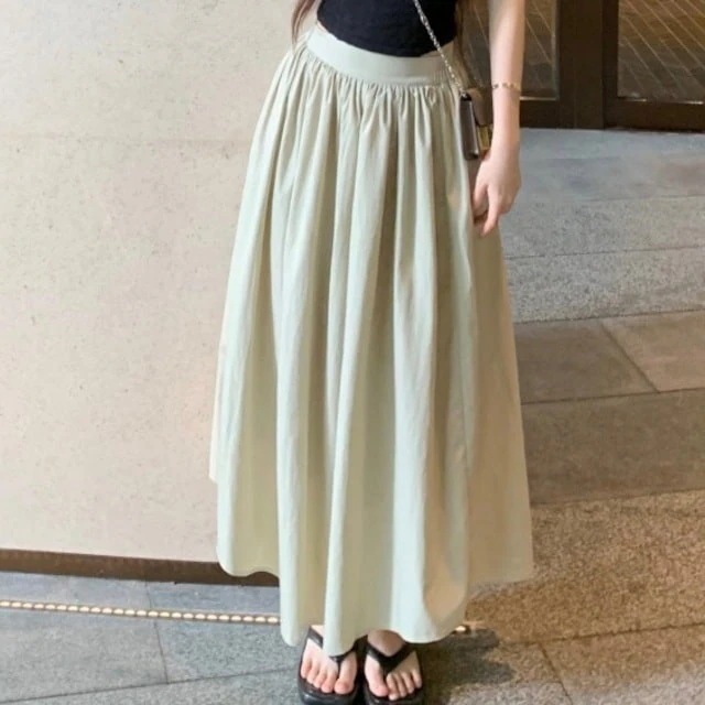 25スカート ミモレ丈 ロング丈 Aライン フレア ギャザー ハイウエスト 脚長効果 美脚効果 細見え グレー グリーン 緑 かわいい 韓国ファッション レディース お出かけ