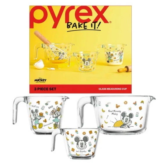 パイレックスグッドモーニングミッキーオーブン用耐熱ガラス計量カップ3種セット250ml+500ml+1L