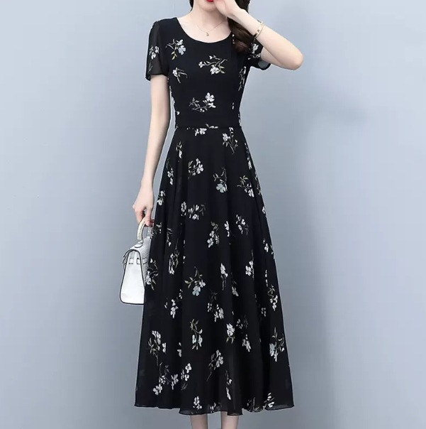 ワンピース ロング丈 半袖 クルーネック フレア デザイン 美ライン ニュアンス シフォン 透け感 シースルー 伸縮性 スタイルアップ ロマンチック かわいい 大人可愛い きれいめ シンプル