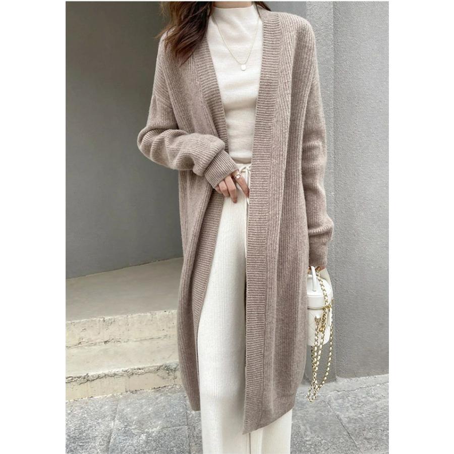 ニットカーディガン レディース 長袖 ロング丈 ノーカラー 厚手 ドロップショルダー アウター 羽織り 前開き 無地 大きいサイズ 暖かい 通勤 きれいめ