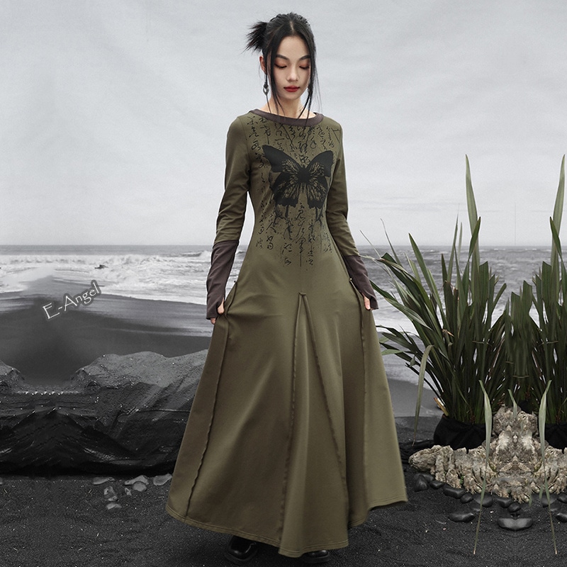 チャイナ風ワンピース ロング きれいめ 緑 パーカーワンピース プリント 蝶柄 文字柄 切り替え 長袖 柄ワンピース ラウンドネック ロマンティック