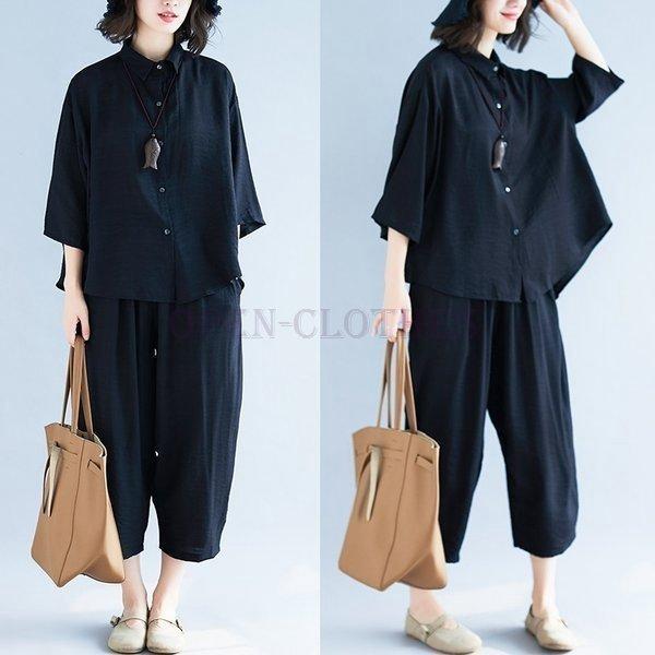 カジュアルリネンセットアップレディース襟付き綿麻七分袖リネンシャツリネンパンツ黒今だけ