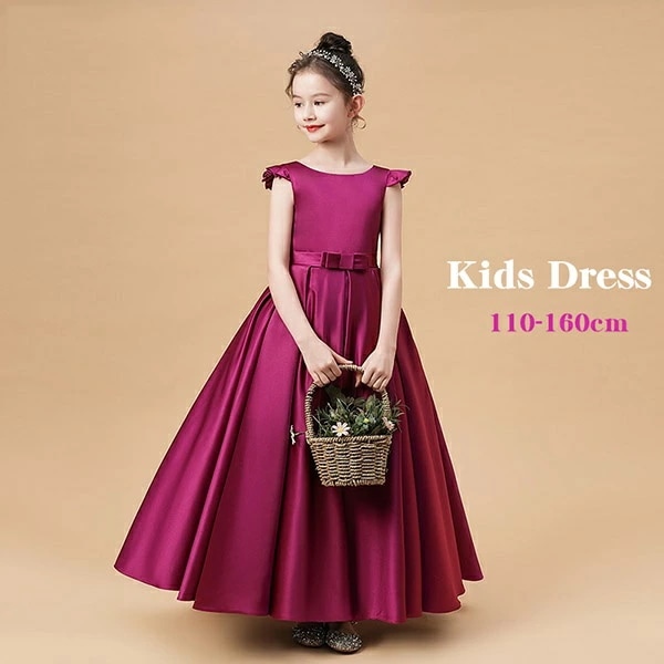 ピアノ発表会 ドレス 中学生 ワンピース ジュニアドレス 七五三 子供ドレス パープル 紫 キッズドレス 160 女の子 フラワーガール フリル袖 Aライン リボン付き タフタ素材 高級 ロングドレス
