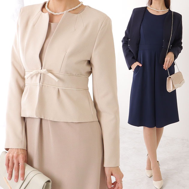 2WAY リボンジャケット付き タック ワンピース セットアップ 女性 レディース カーディガン スカート 春 夏 秋 冬 冠婚葬祭 セレモニー レセプション フォーマル 単色 無地 エレガント お呼