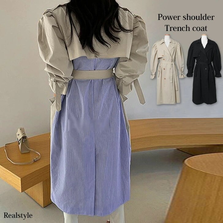 バックストライプ切替パワーショルダートレンチコート レディース アウター 春コート ロング 秋 羽織