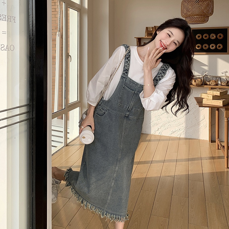 実際の撮影香港スタイルレトロデニムバックパックスカートスーツ春と夏の女性の新しい韓国語バージョンの緩い若者年齢削減ツーピース潮