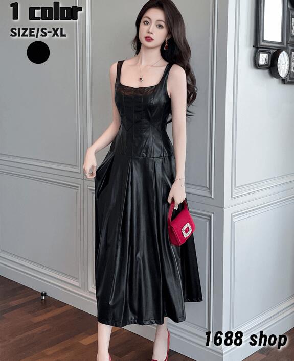 【当店人気商品】2025 タイトワンピース 姫系ワンピース　合皮　ワンピース インポート ひざ丈 ミドル丈 エレガント　韓国ファッション レザー Vネック パーティドレス ノースリープ　お嬢様 セクシ