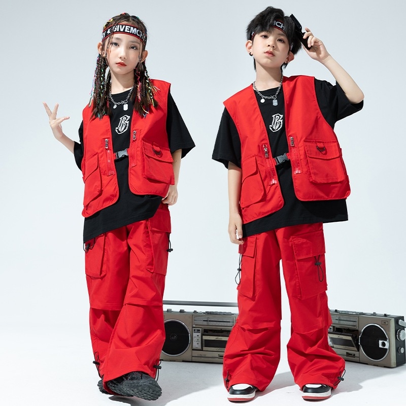 子供向けの子供向けのトレンディなストリートダンスコスチュームキャットウォークの男の子と女の子のクールなドラムパフォーマンスコスチュームのための子供の赤いヒップホップスーツ r n1001- 973レッ