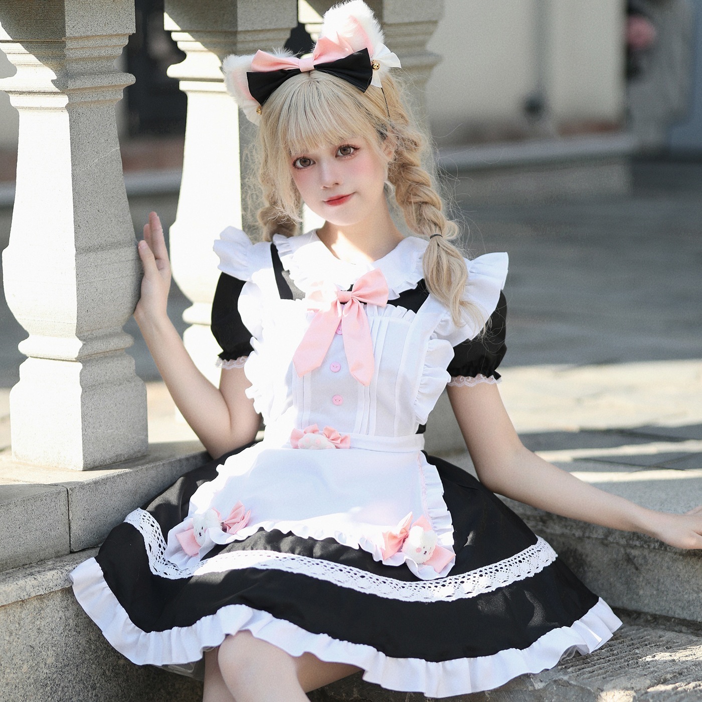 正規品白黒メイド服可愛いロリータ洋服カフェメイド制服女装ワンピース