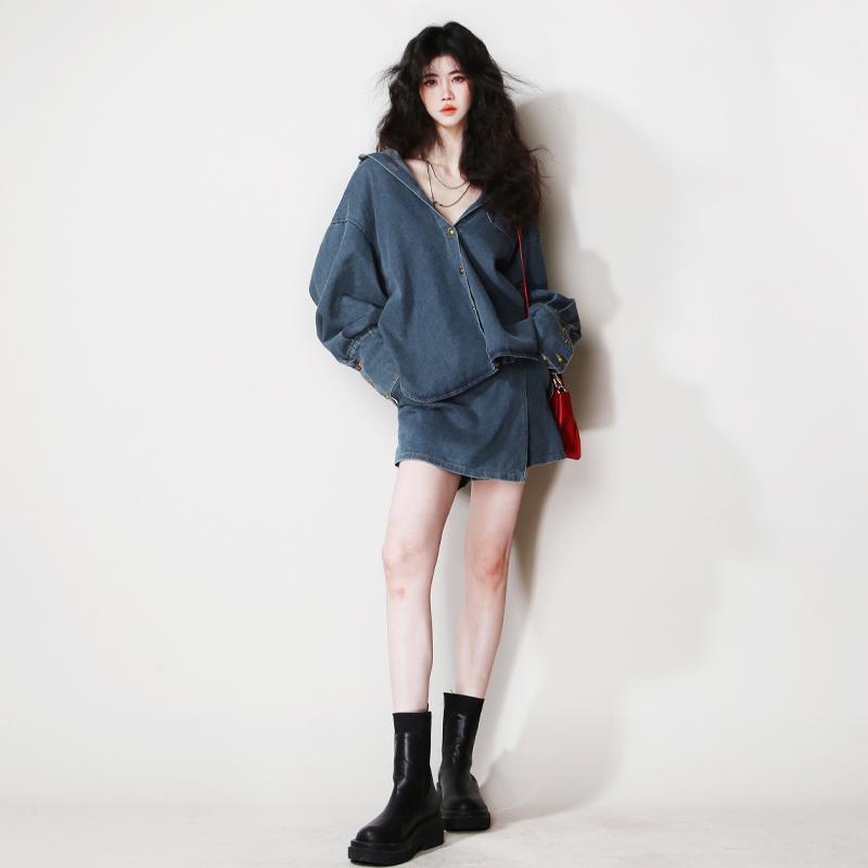 デニム　スタイル　レディース　 U 61 ツーピース スーツ 古風 ヴィンテージ 長袖 デニムシャツ ジャケット非 対称 二 重層 ショート パンツ スカート